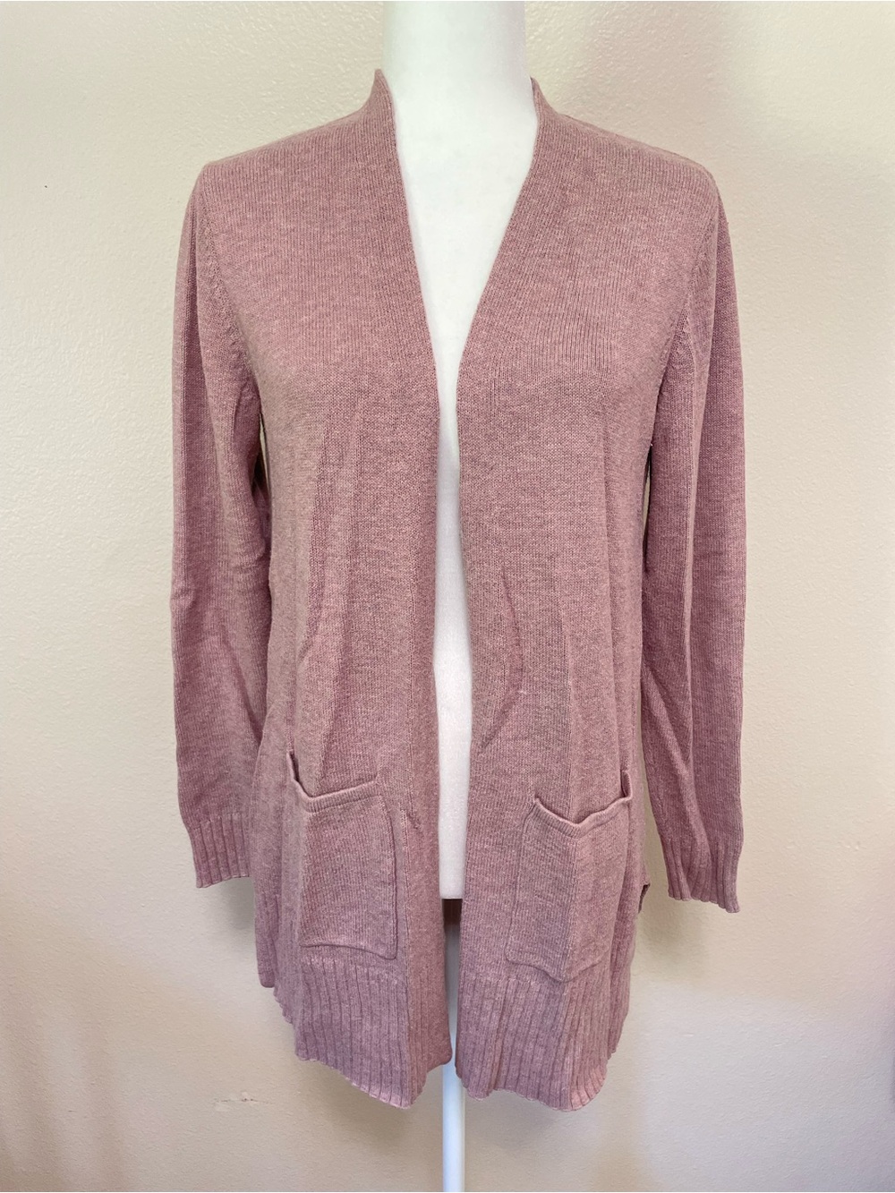 Old Navy Long Line Cardigan Sweater Mauve Pink Cotton Blend Sleeve Spring Pocket